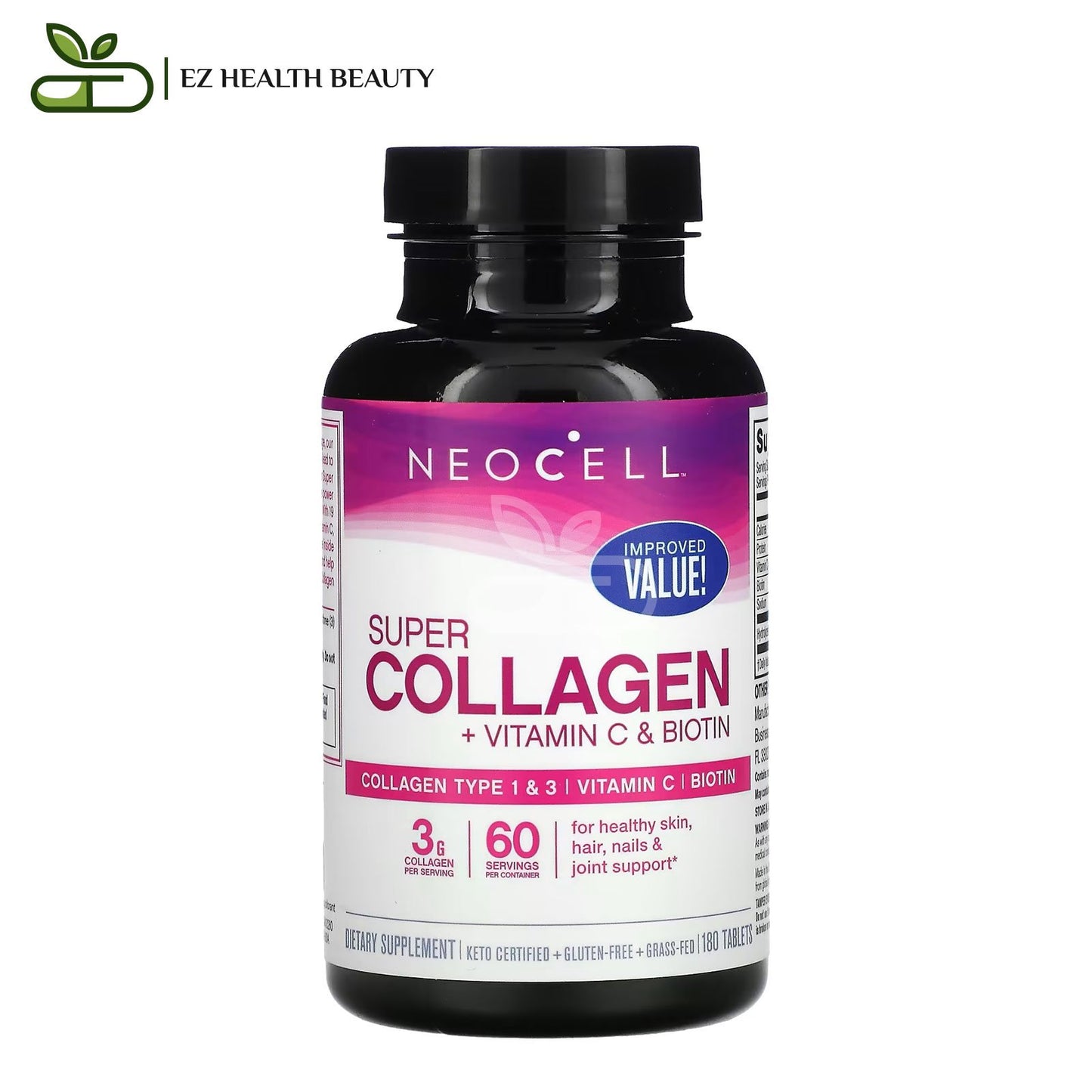 سوبر كولاجين مع فيتامين سي والبيوتين لدعم صحة البشرة والشعر والأظافر والمفاصل 180 قرصًا  Super Collagen + Vitamin C &amp; Biotin NeoCell