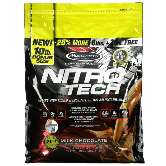 MuscleTech nitro tech whey peptides and isolate lean muscle builder with milk chocolate flavour - 10 lbs (4.54 kg)