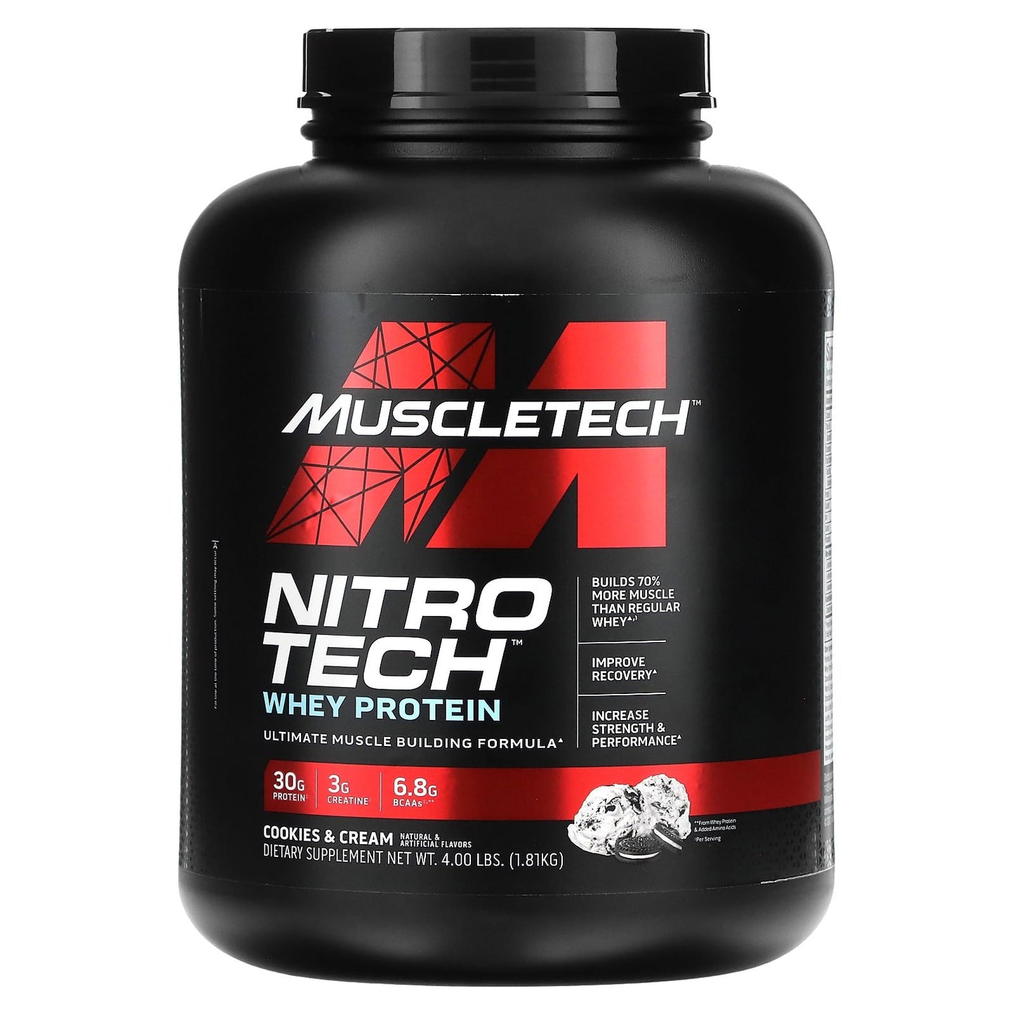 MuscleTech nitrotech whey protein powder ultimate muscle building formula with cookies and cream flavour - 4 lbs (1.81 kg)