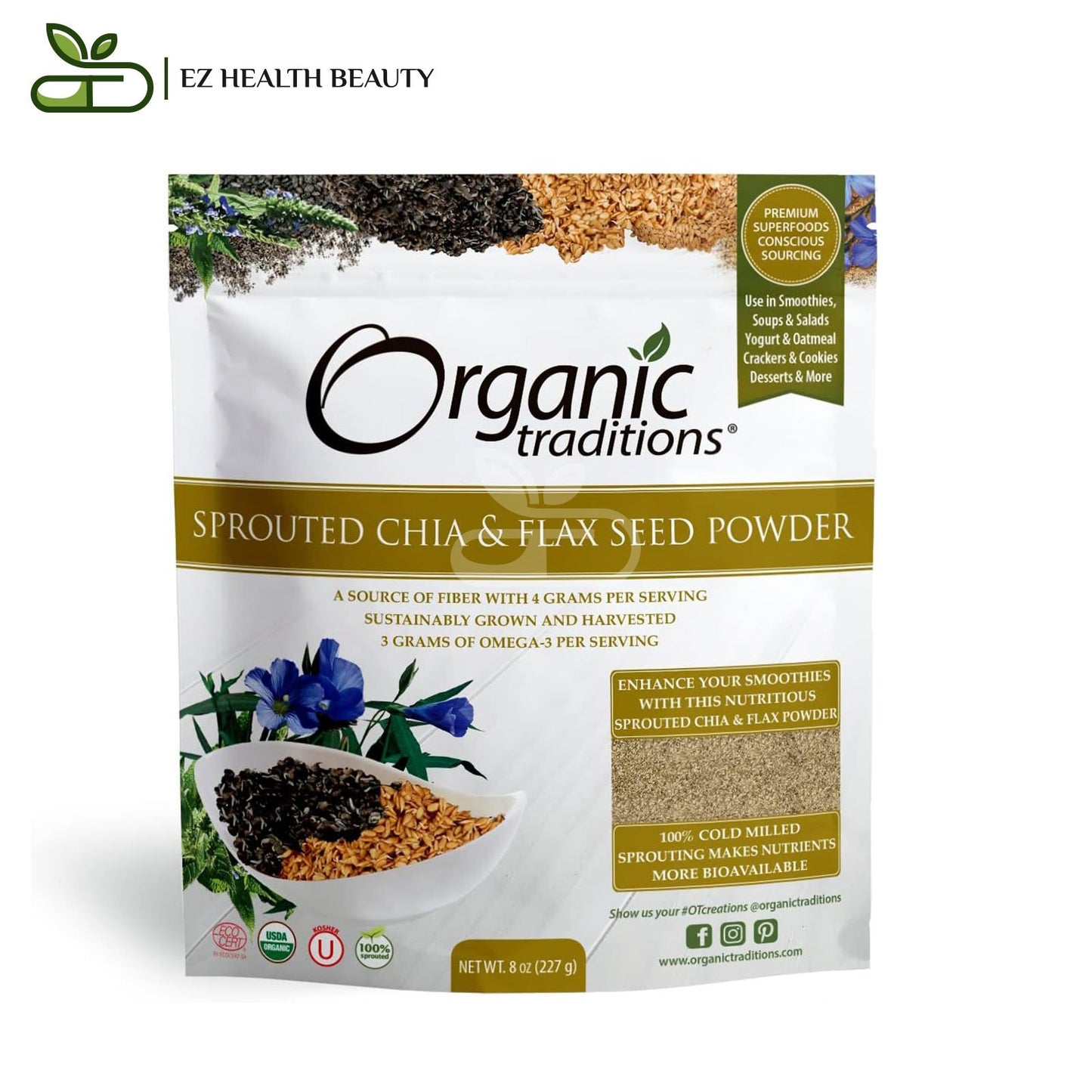 Organic Traditions Sprouted Chia & Flax Seed Powder 227 gm to improve digestion