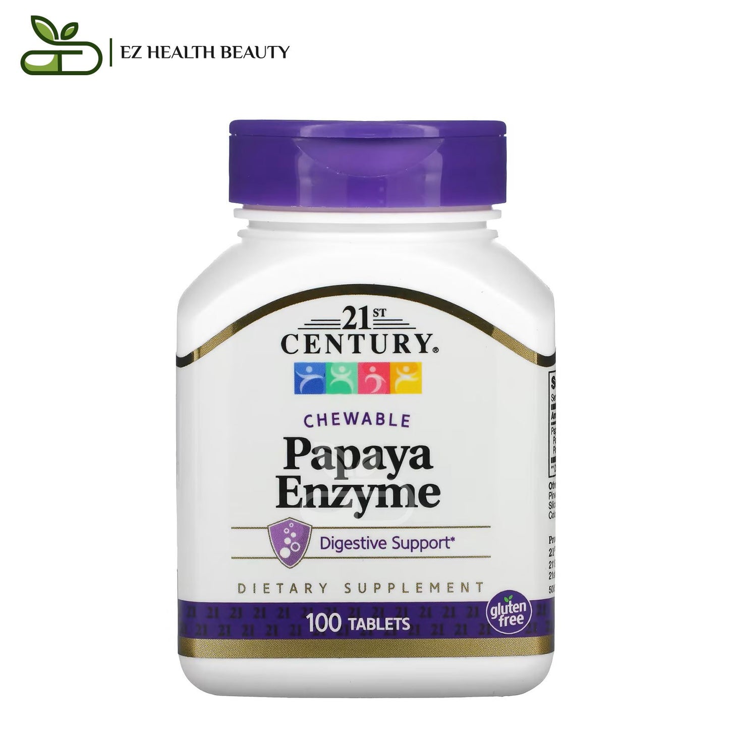 Papaya Enzyme Supplement For Digestive Support 21st Century Chewable 100 Tablets