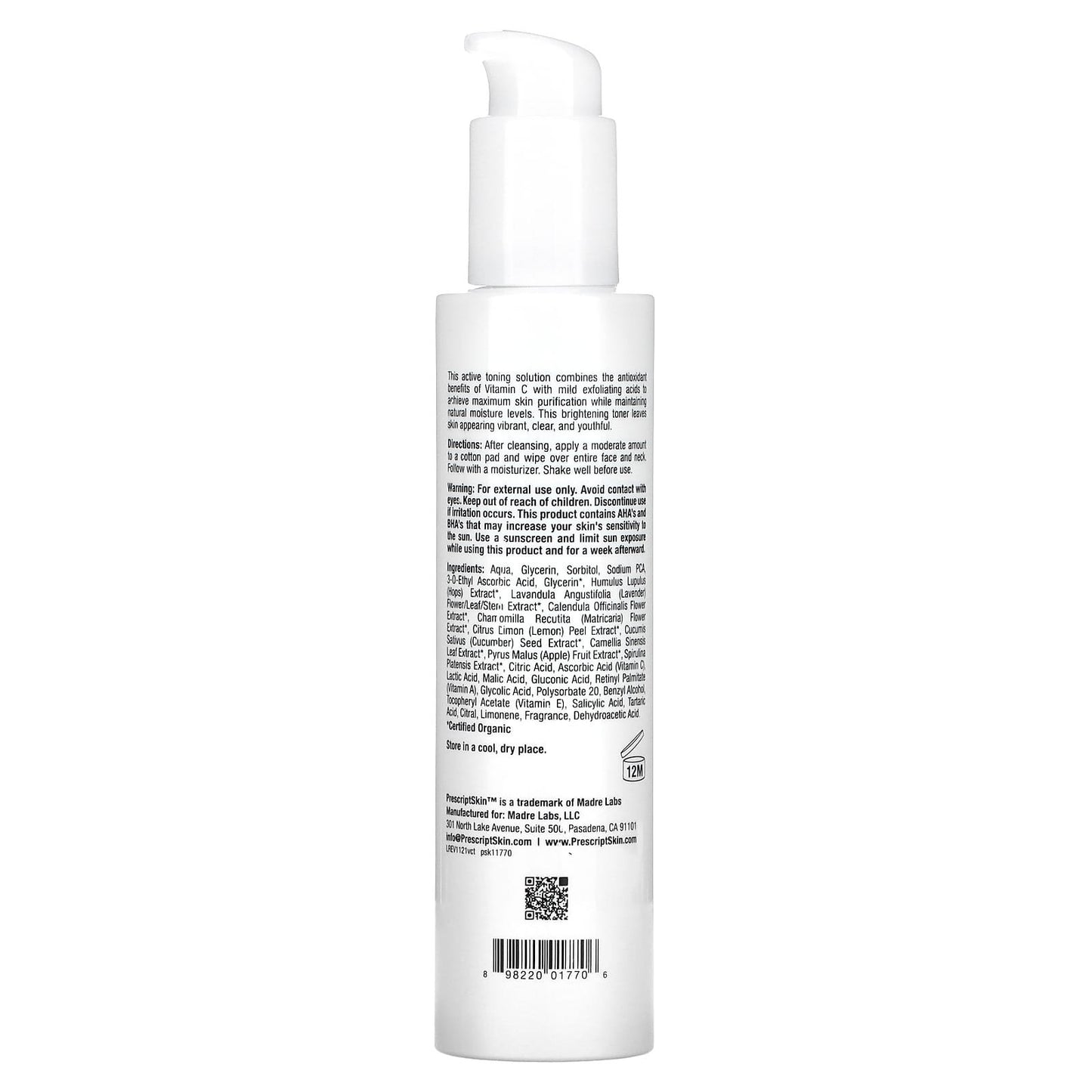 PrescriptSkin Vitamin C Toner Enhanced Brightening and whitening Toner - 6 oz (177 ml)