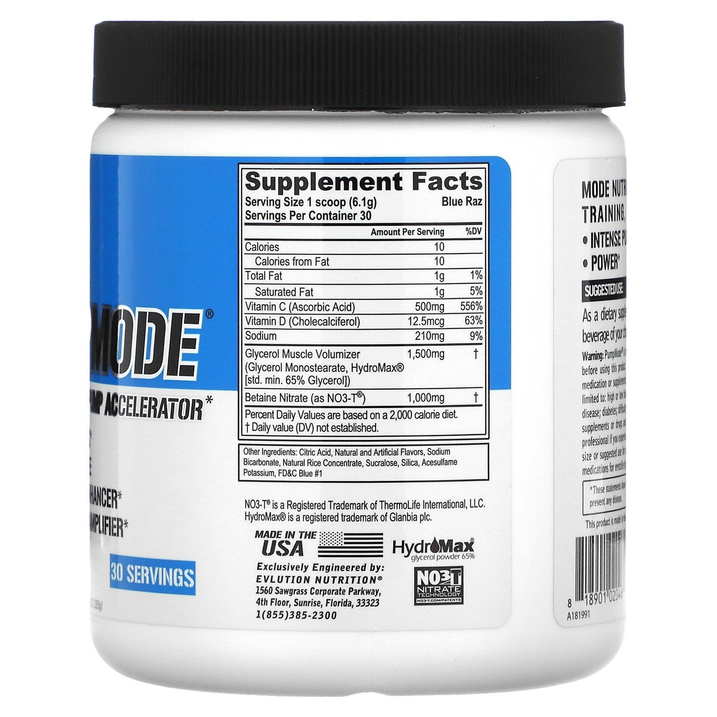 EVLution Nutrition pump mode nonstimulant accelerator - blue raz flavor 183g