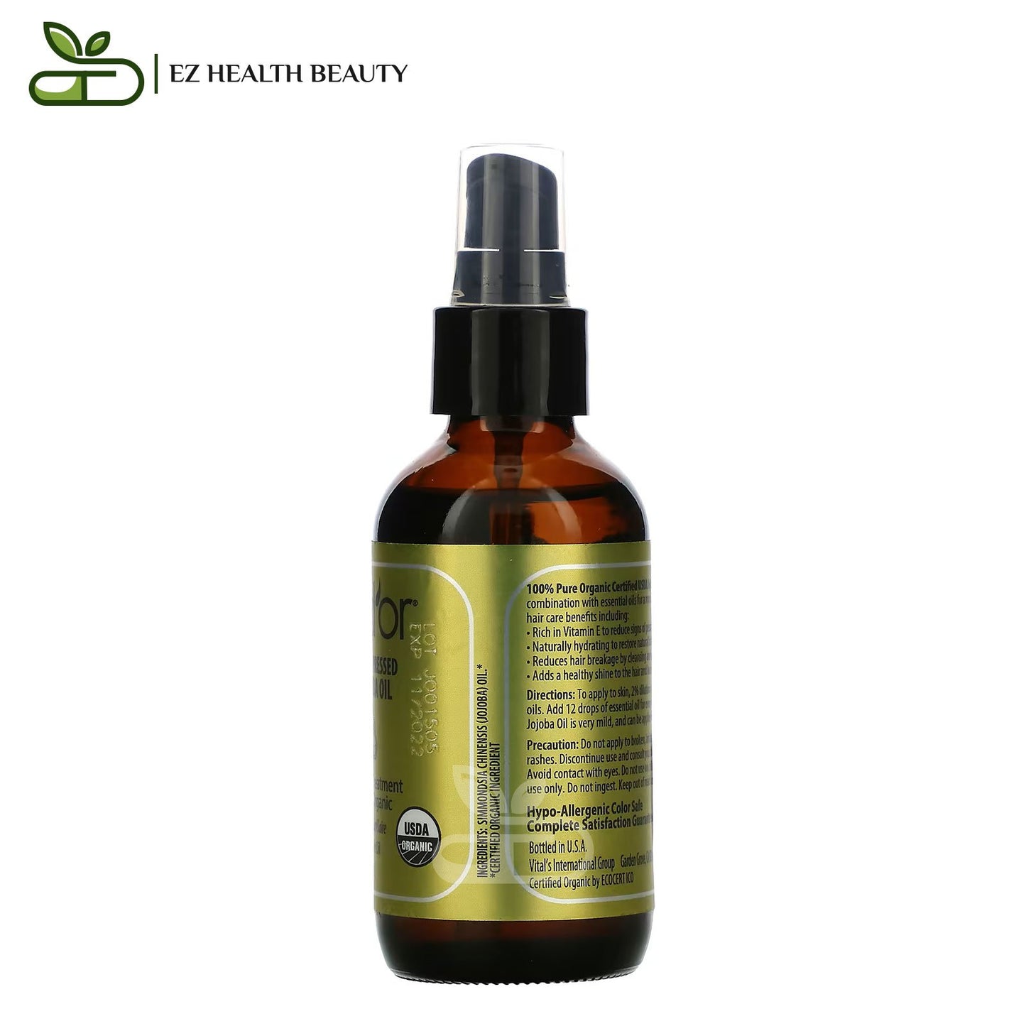 زيت الجوجوبا العضوي النقي 100% والمعصور على البارد لمعالجة الجسم والشعر والبشرة 118 مل Pure Cold Pressed Organic Jojoba Oil Pura D'or