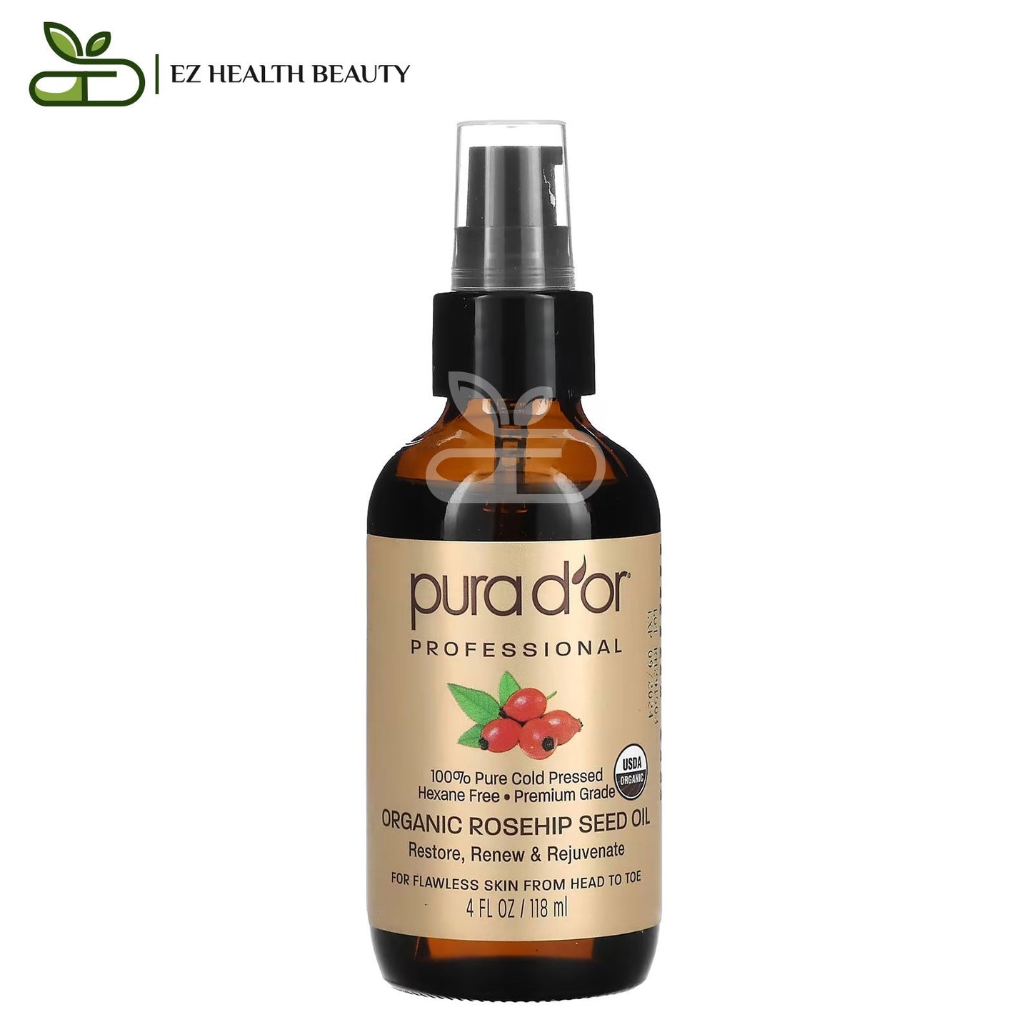 Pura D'or Professional Organic Rosehip Seed Oil, 4 fl oz (118 ml) for increasing skin freshness