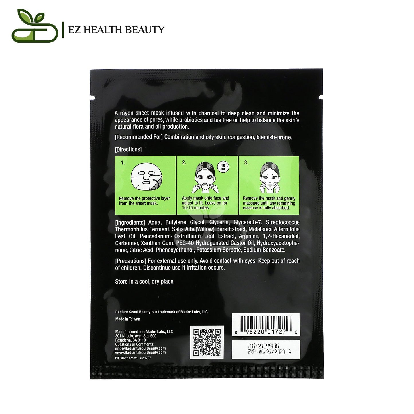 Balancing Charcoal Sheet Mask To Balance The Skin Radiant Seoul 1 Sheet Mask, 0.85 oz (25 ml)