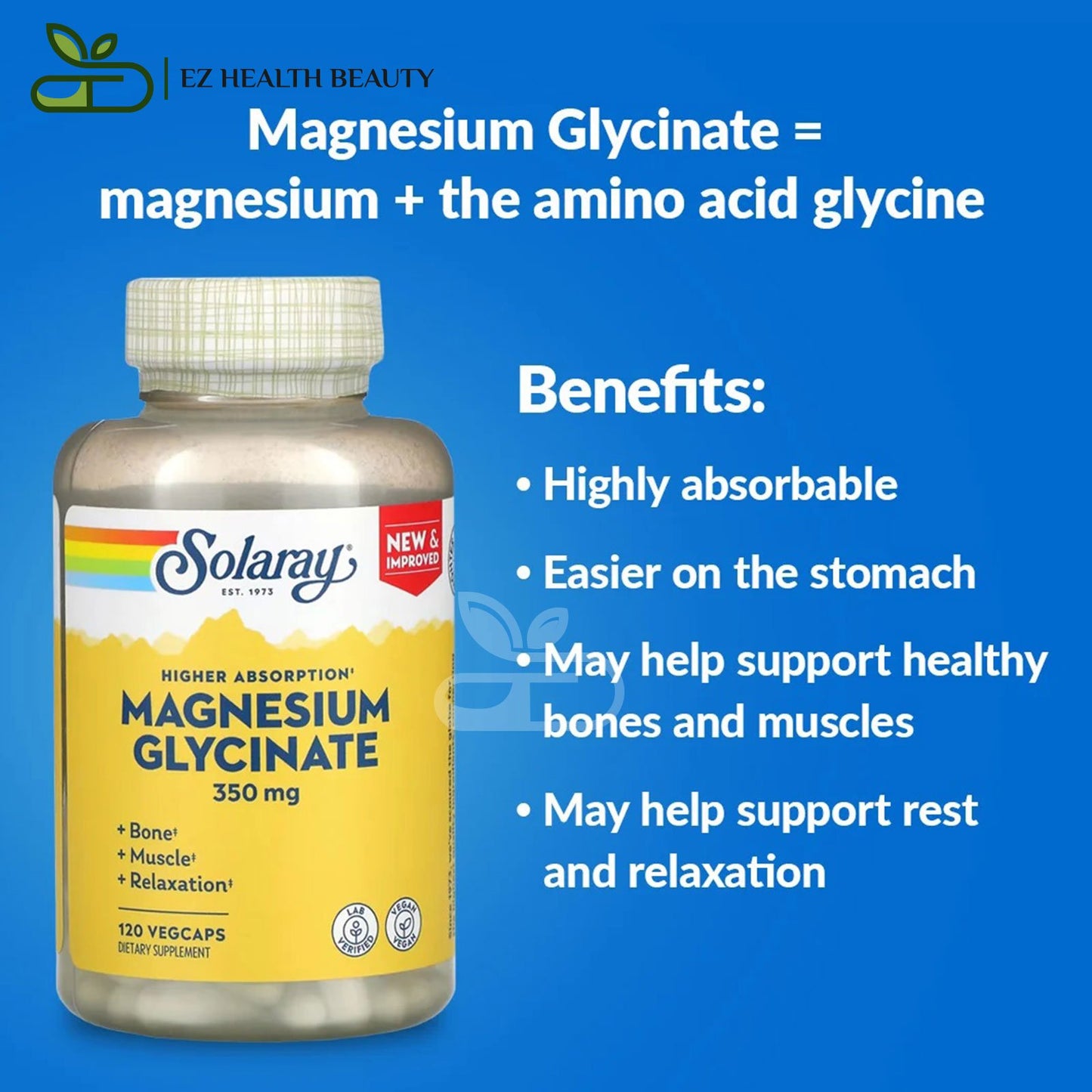 Solaray High Absorption Magnesium Glycinate, 350 mg, 120 VegCaps for energy production and protein formation