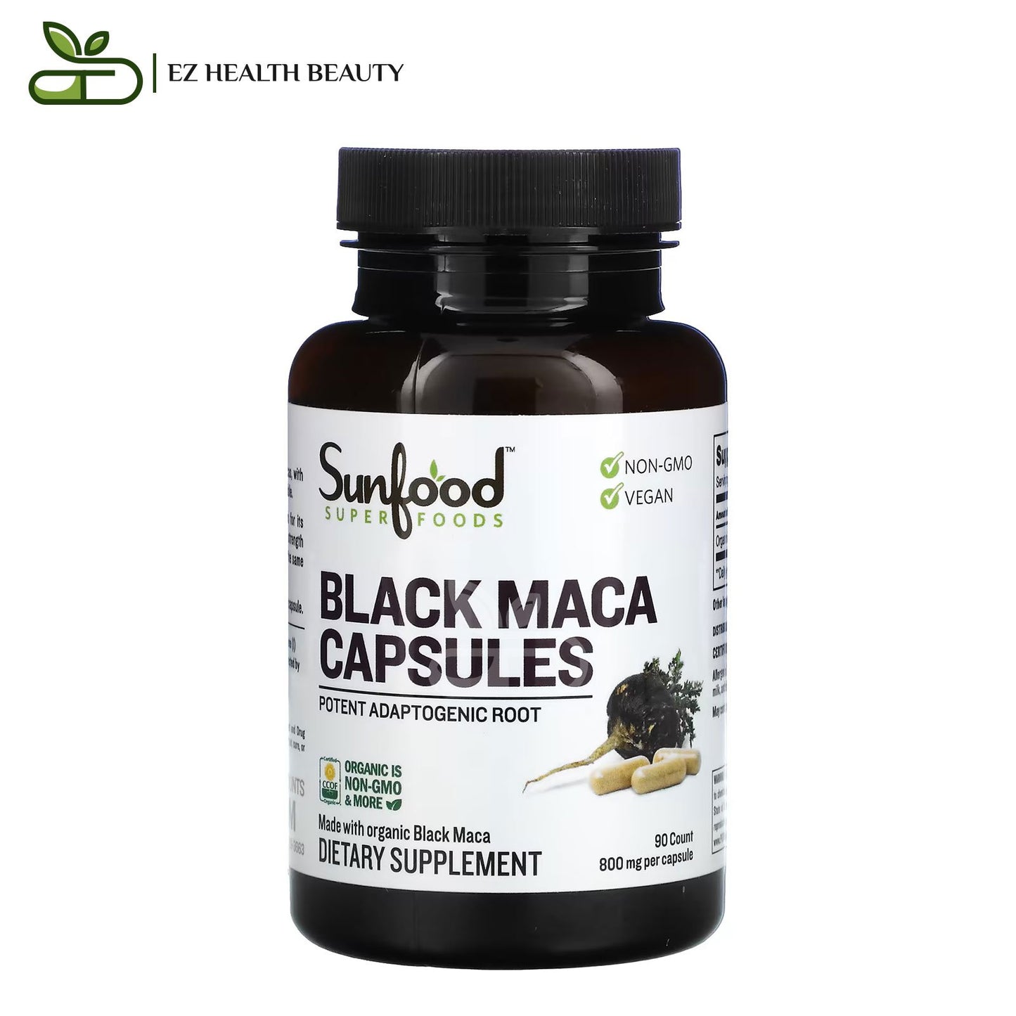 كبسولات الماكا السوداء لدعم الصحة الجنسية للرجال والنساء 800 مجم 90 كبسولة - Sunfood, Black Maca, 800 mg, 90 Capsules