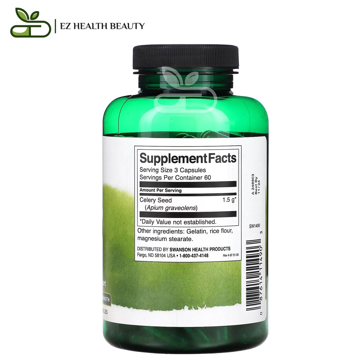 حبوب بذور الكرفس لتحسين الصحة العامة 180 كبسولة Swanson Celery Seed Maximum Strength 500 mg