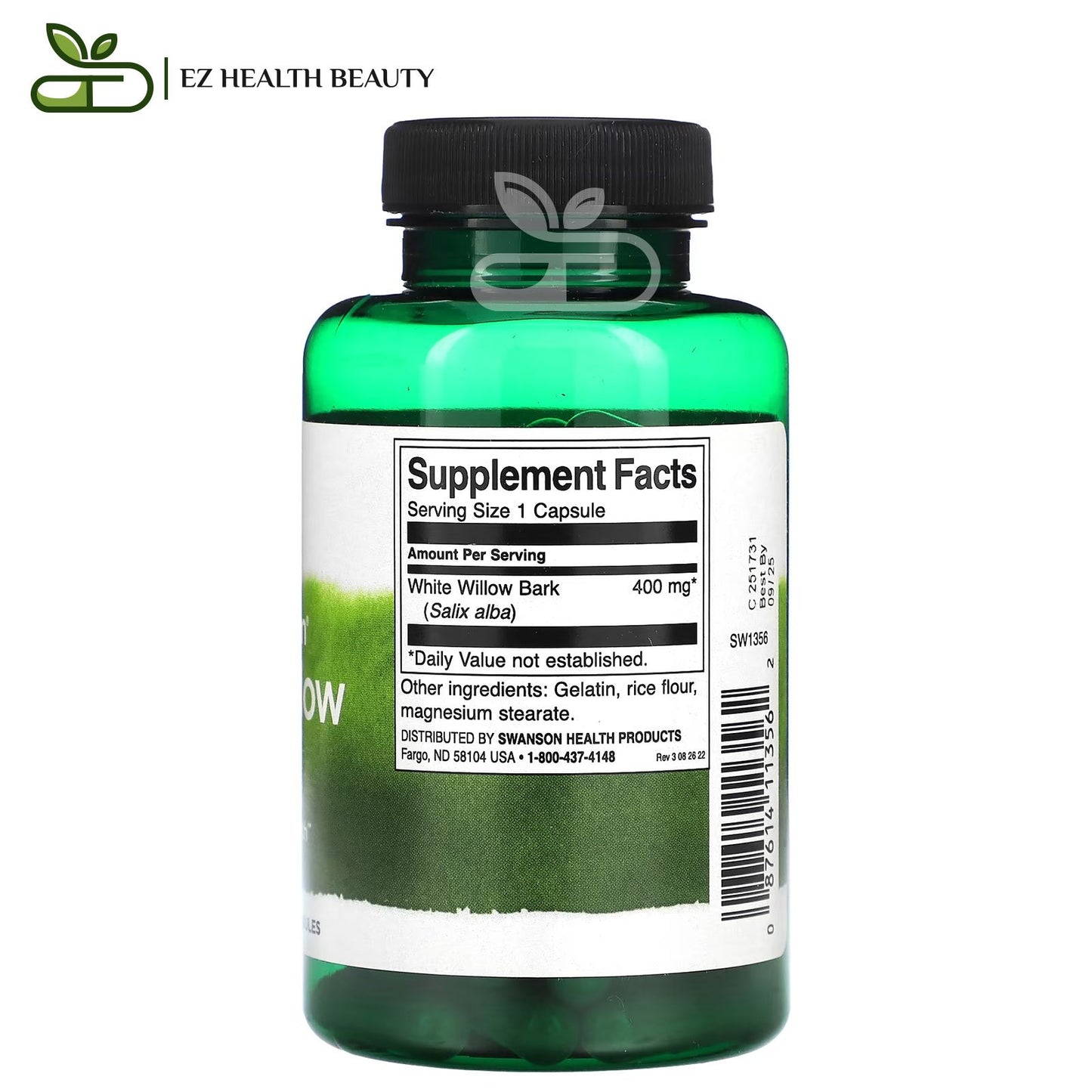 كبسولات لحاء الصفصاف لدعم صحة المفاصل والعضلات 90 كبسولة Swanson Full Spectrum White Willow Bark 400 mg