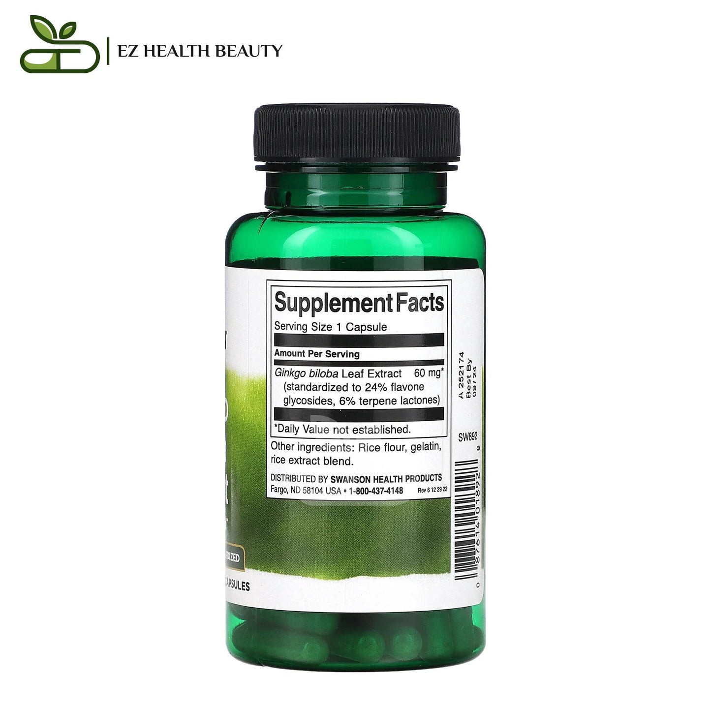 كبسول جنكو بيلوبا للصحة الإدراكية 60 مجم 120 كبسولة Ginkgo Biloba Extract Swanson