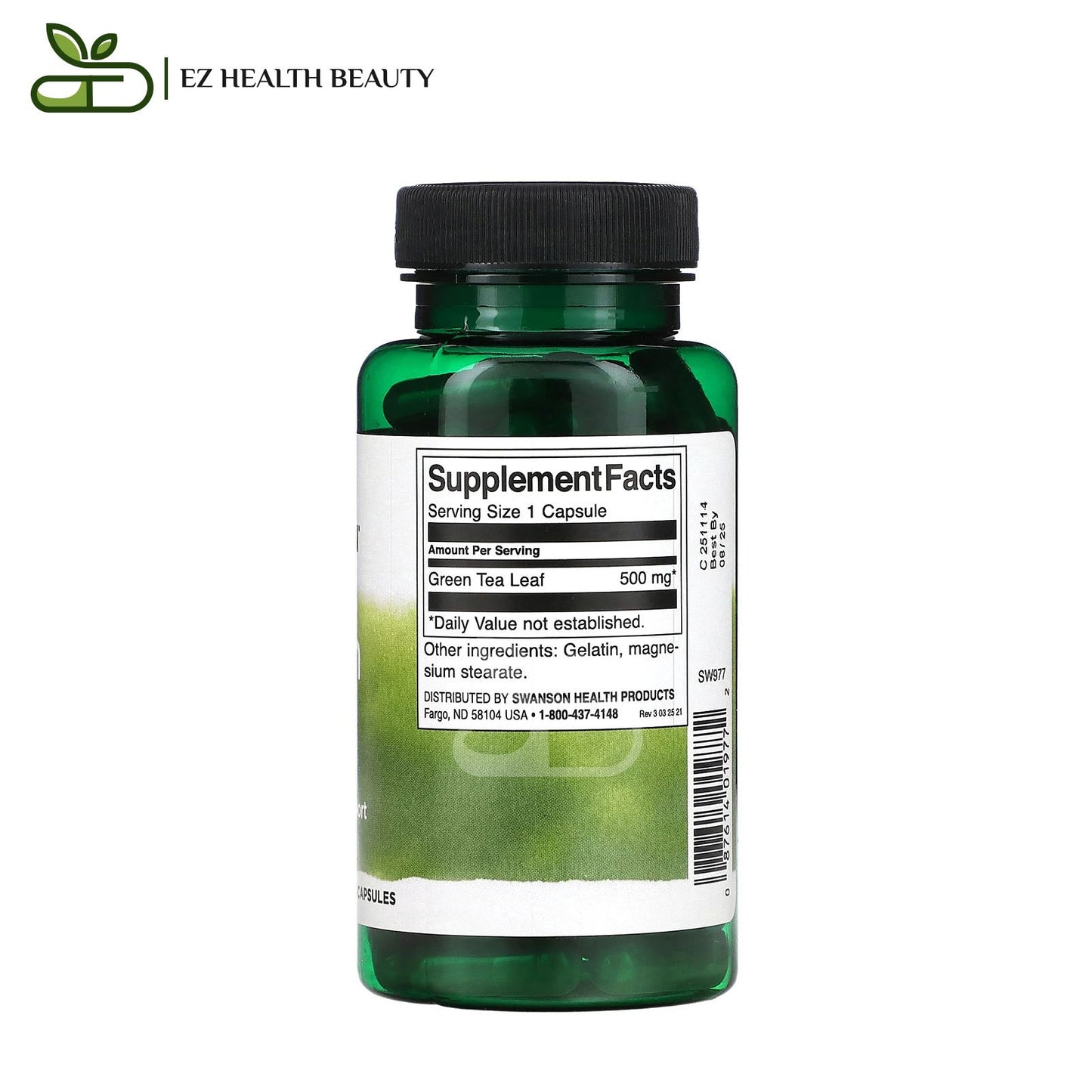 كبسولات الشاي الأخضر مضاد للأكسدة 500 مجم 100 كبسولة Green Tea Capsules Swanson