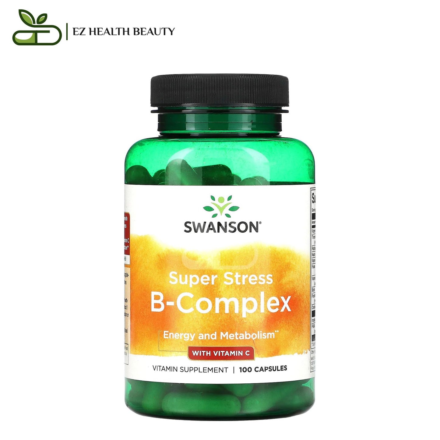 Super Stress B-Complex With Vitamin C For Energy and Metabolism Swanson 100 Capsules