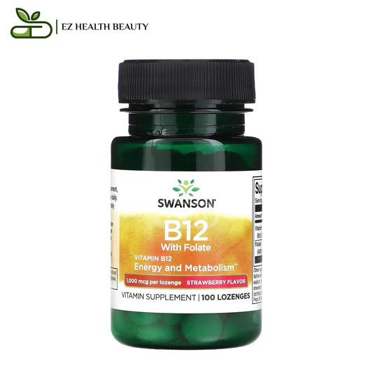 Vitamin B12 with Folate Lozengs For Energy And Metabolism Strawberry Flavour Swanson 1,000 mcg 100 Lozenges