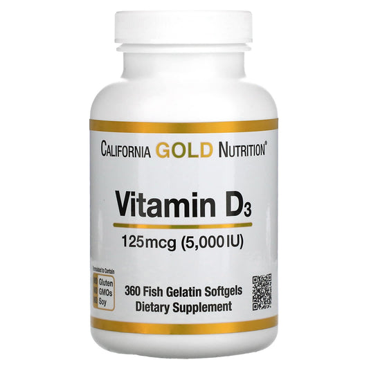 كبسولات فيتامين د gold d3 5000 لدعم صحة العظام والاسنان 360 كبسولة - California gold nutrition vitamin d3 125 mcg (5 000 iu)