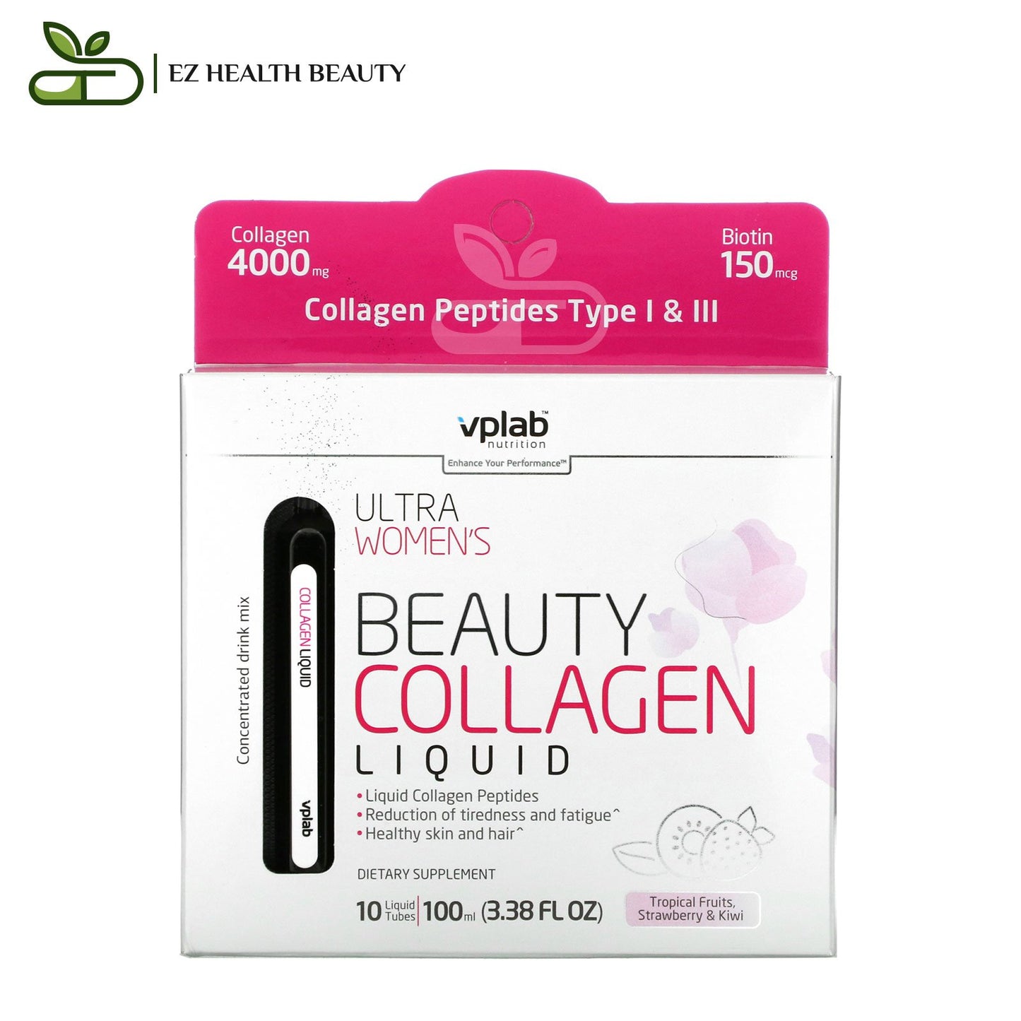 Ultra Women's Beauty Collagen Liquid For Reduction Of Tiredness And Fatigue Tropical Fruits Strawberry & Kiwi Vplab 4,000 mg 10 Liquid Tubes