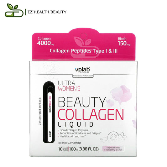 Ultra Women's Beauty Collagen Liquid For Reduction Of Tiredness And Fatigue Tropical Fruits Strawberry & Kiwi Vplab 4,000 mg 10 Liquid Tubes