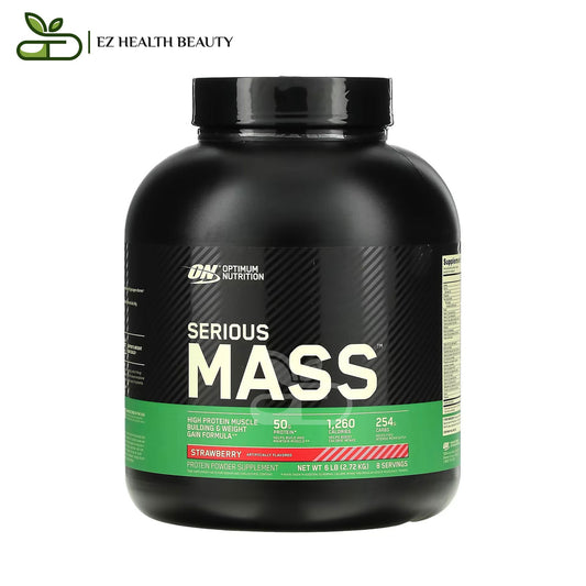 مكمل serious mass لاكتساب الوزن أوبتيموم نيوتريشن | سيرياس ماس مسحوق عالي البروتين، بنكهة الفراولة 6 رطل (2.72 كجم)